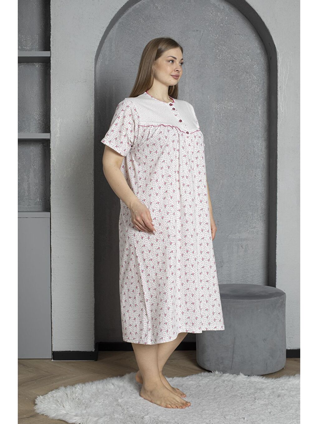 Fuşya %100 Pamuklu Penye Kısa Kollu Büyük Beden Anne Geceliği 160-2