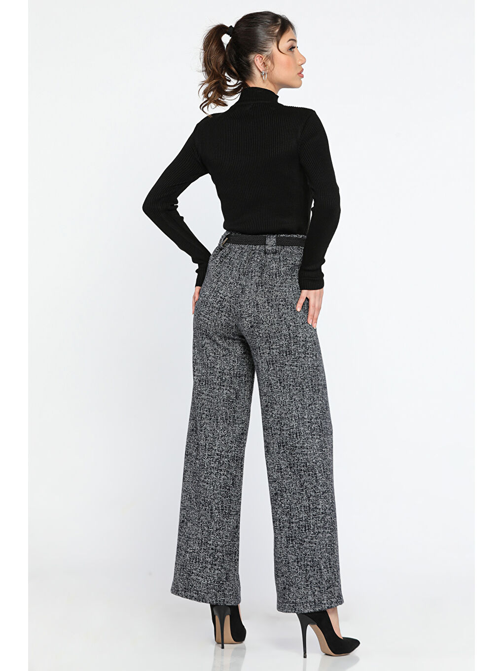 Lacivert Kadın Kışlık Karyağdı Desenli Pile Detaylı Kemerli Palazzo Pantolon-2