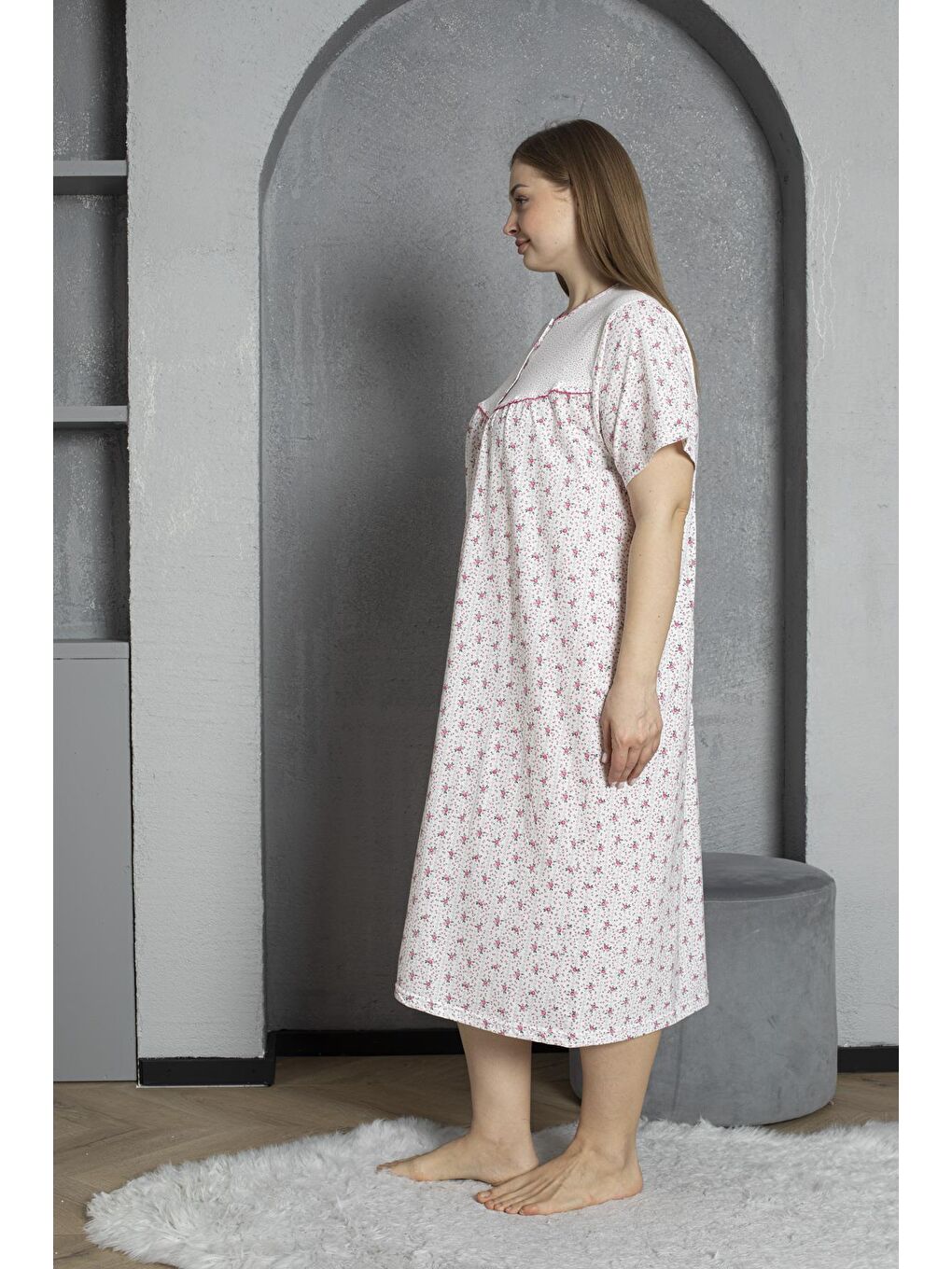 Fuşya %100 Pamuklu Penye Kısa Kollu Büyük Beden Anne Geceliği 160-3