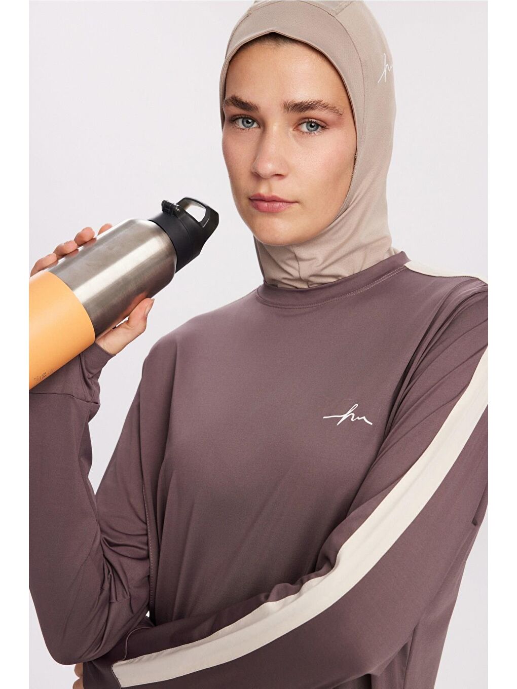 Active H-Per Fit Bisiklet Yaka Kolları Şerit Detaylı Mor Tesettür Antrenman Üstü Act-35-5