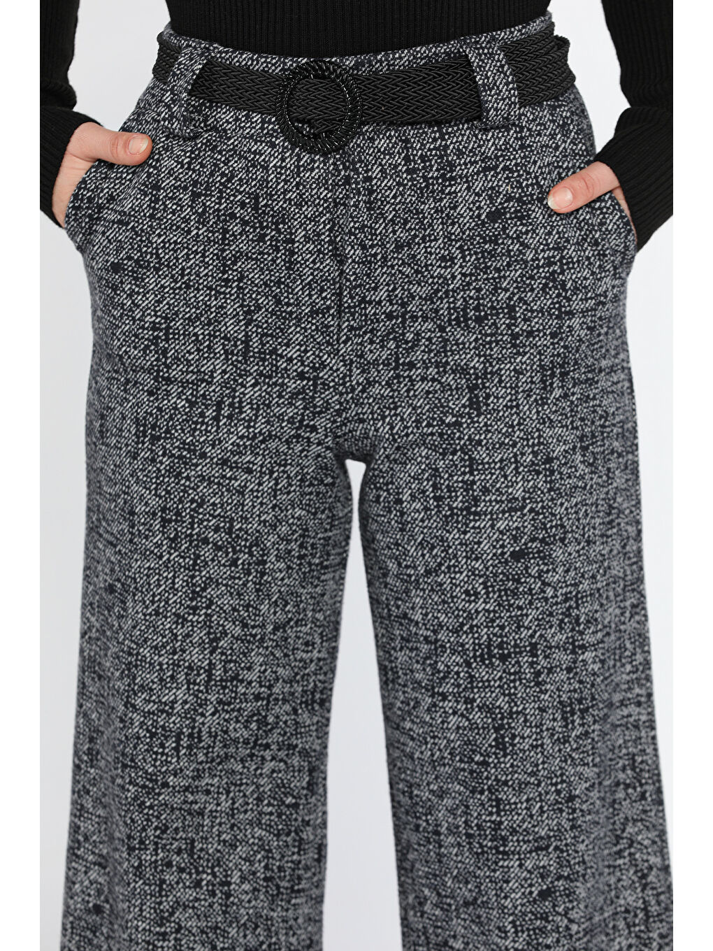 Lacivert Kadın Kışlık Karyağdı Desenli Pile Detaylı Kemerli Palazzo Pantolon-3