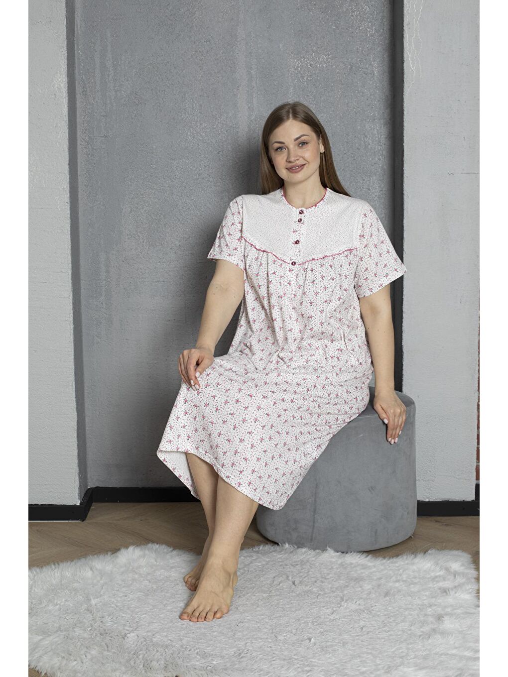 Fuşya %100 Pamuklu Penye Kısa Kollu Büyük Beden Anne Geceliği 160-5