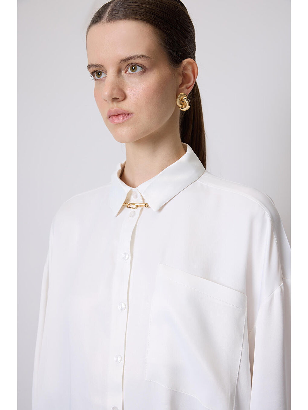 Beyaz Relax Fit Saten Gömlek-5