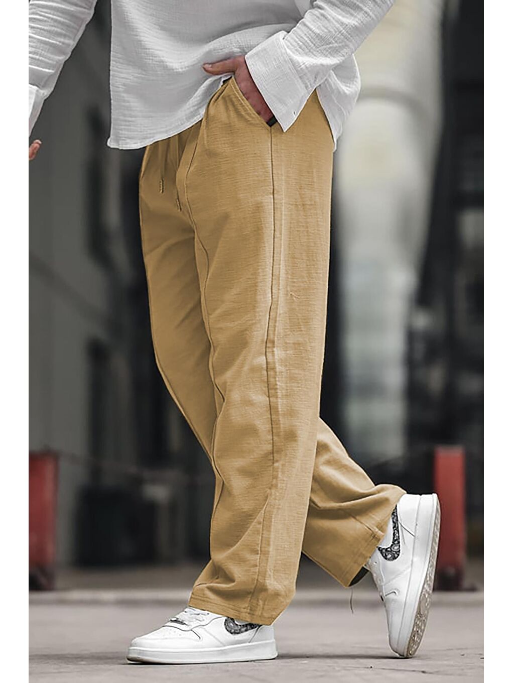 Bej Erkek Rahat Kesim Keten %100 Pamuk Pantolon 6539
