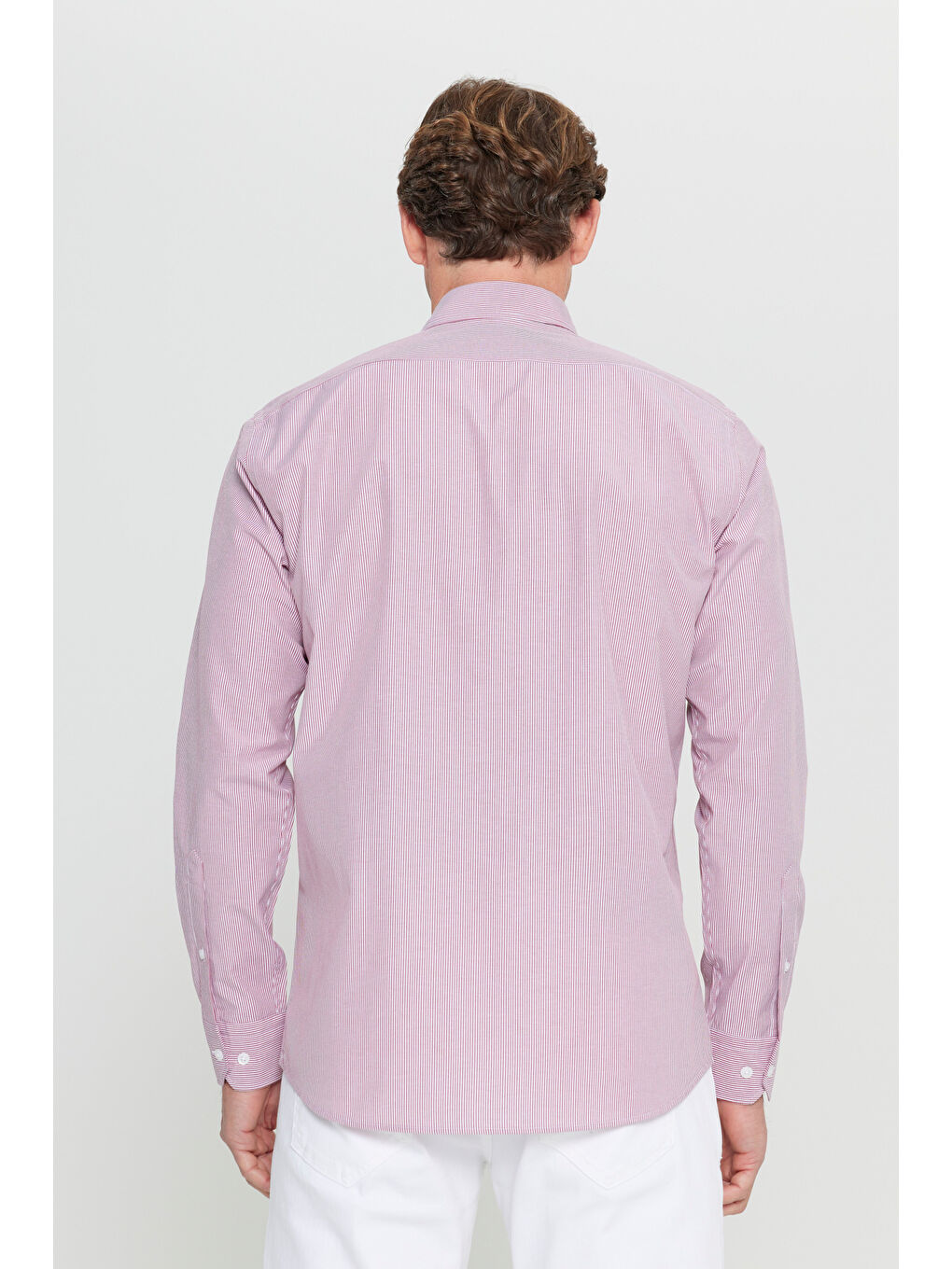 Erkek Beyaz-Bordo Pamuklu Regular Fit Normal Kesim Düğmeli Yaka Cepli Çizgili Gömlek-5