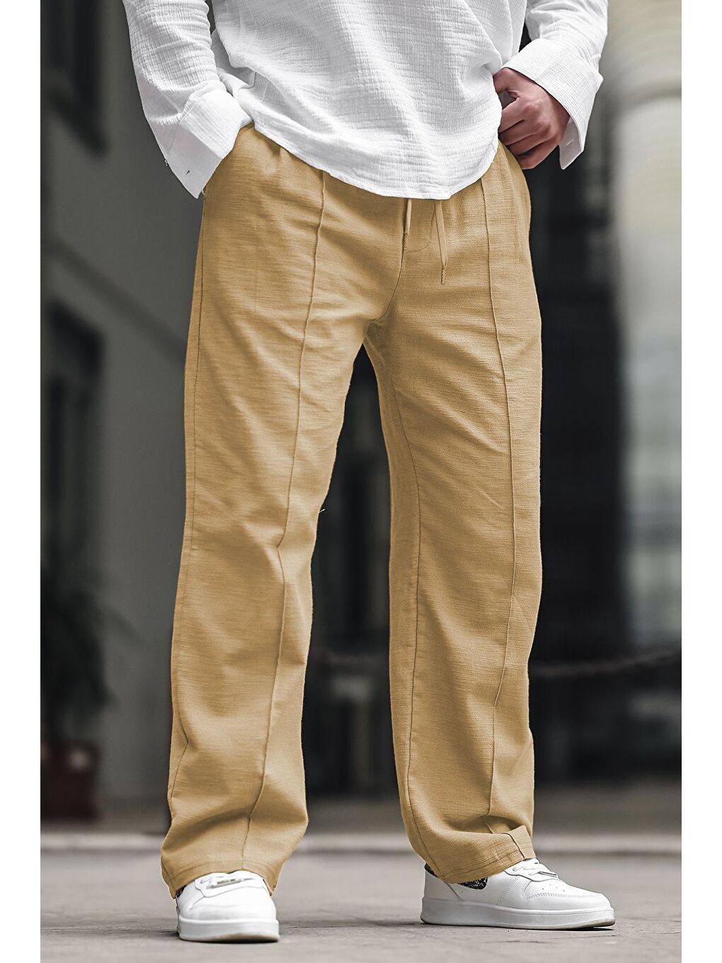 Bej Erkek Rahat Kesim Keten %100 Pamuk Pantolon 6539-1