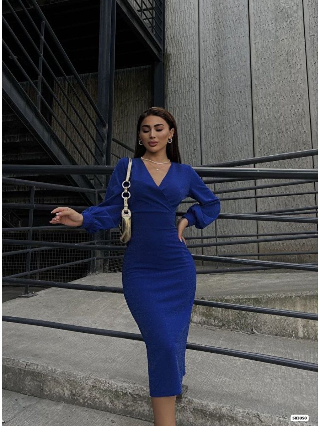 Mavi Kadın Kruvaze Yaka Balon Kol Simli Krep Kumaş Midi Boy Elbise-1