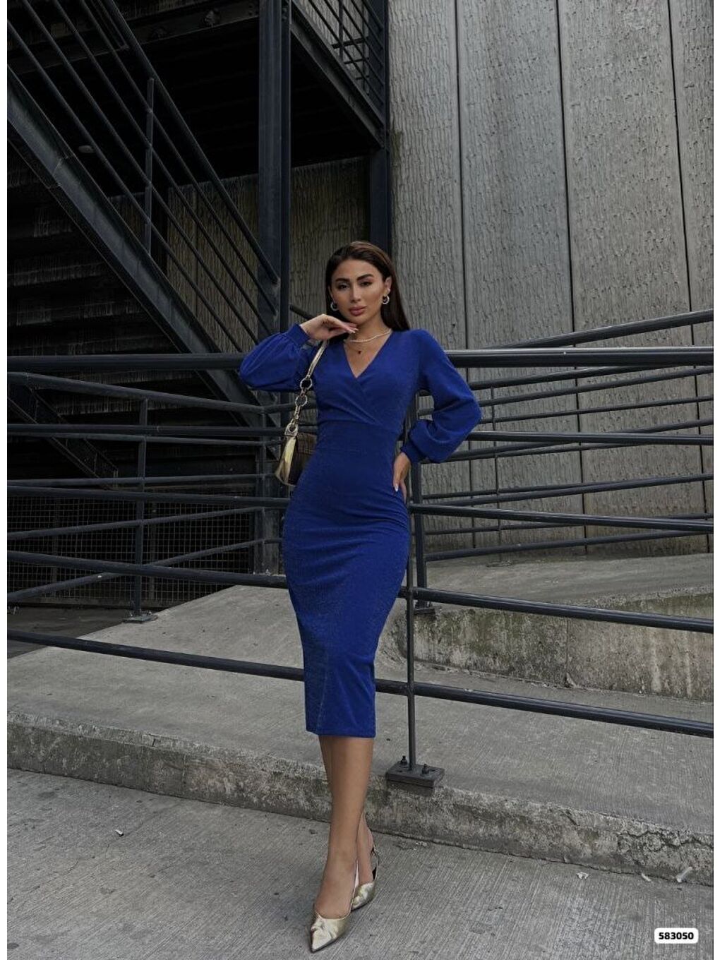 Mavi Kadın Kruvaze Yaka Balon Kol Simli Krep Kumaş Midi Boy Elbise-2