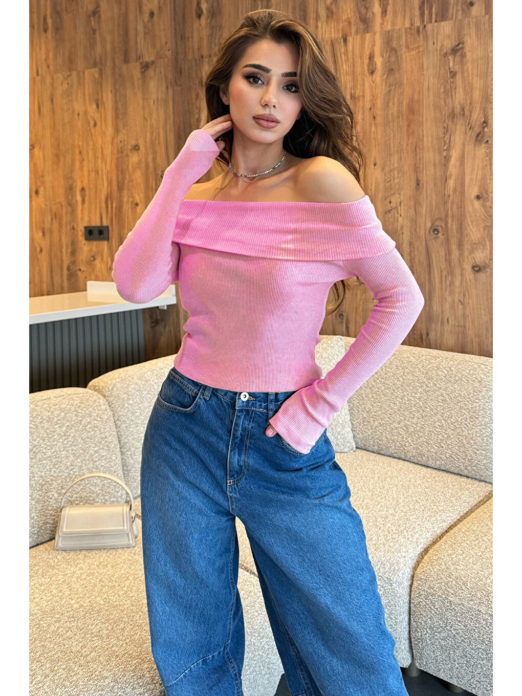 Pembe Kadın Madonna Yaka Kaşkorse Bluz