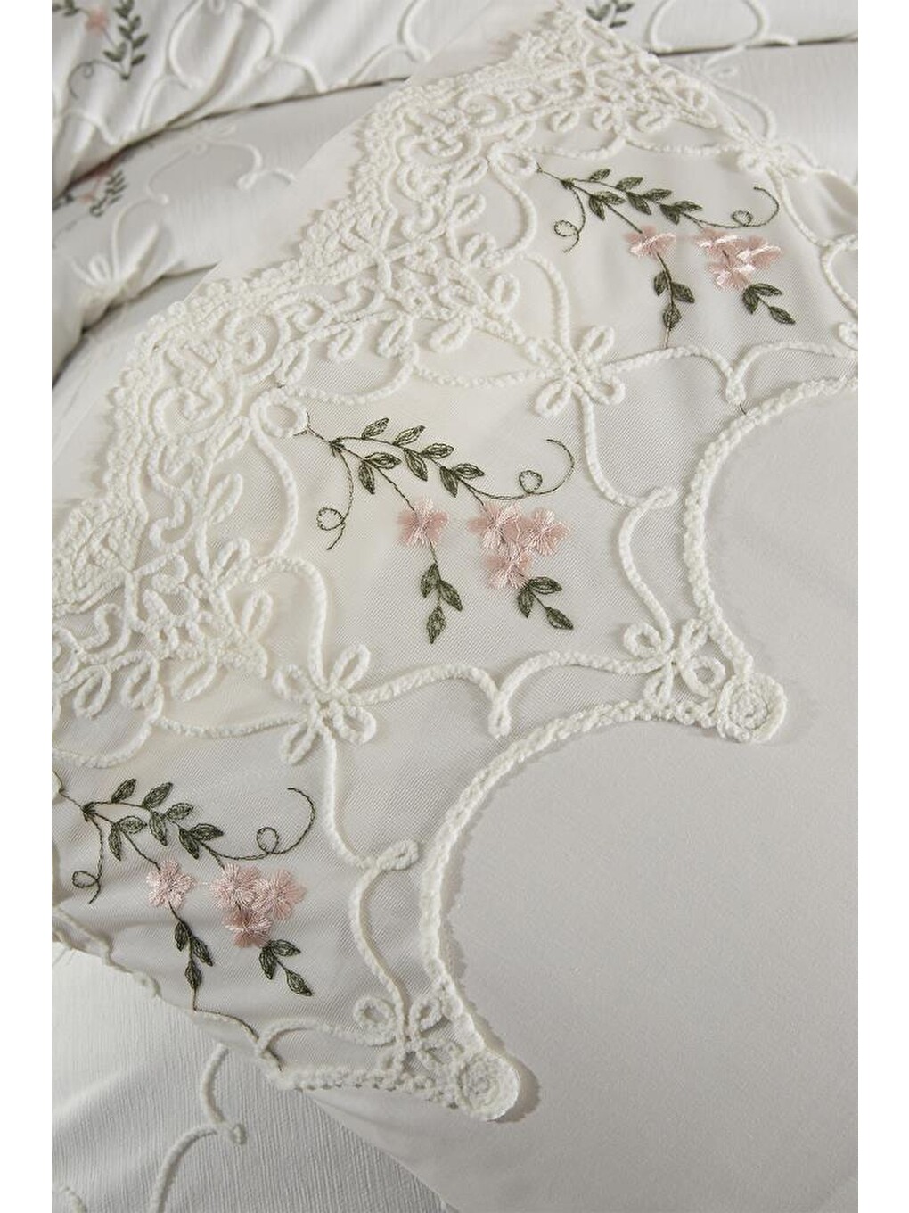 Ekru Pinkrose Nakışlı Şönil 7 Parça Gelin Seti Krem-5