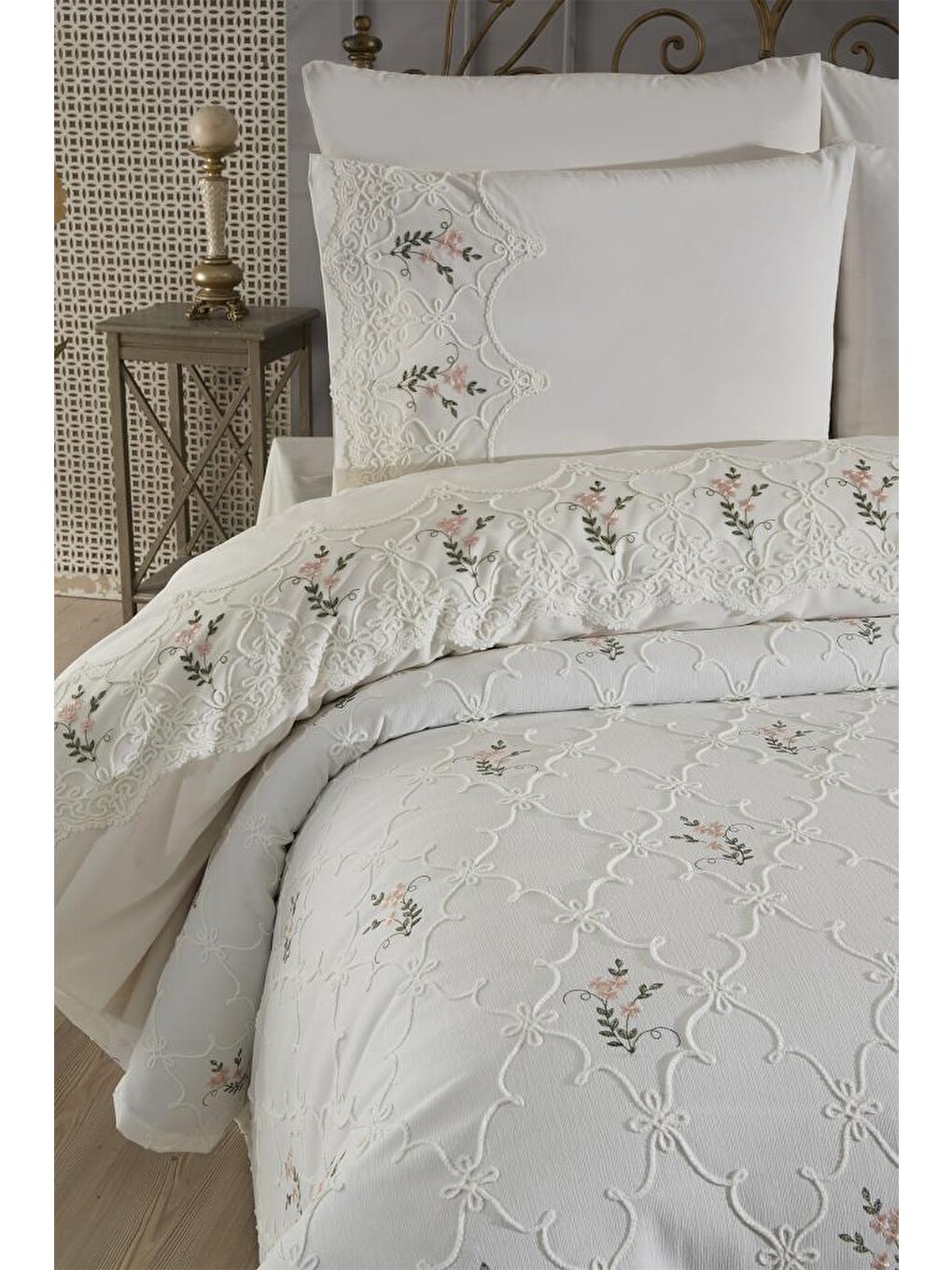 Ekru Pinkrose Nakışlı Şönil 7 Parça Gelin Seti Krem-6