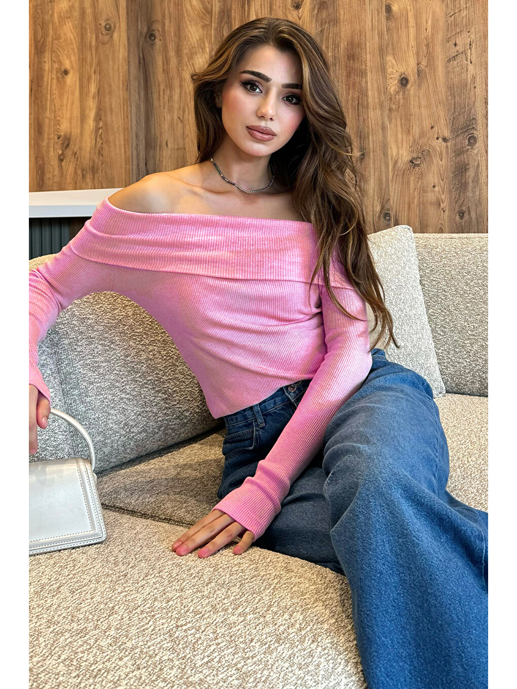 Pembe Kadın Madonna Yaka Kaşkorse Bluz-1