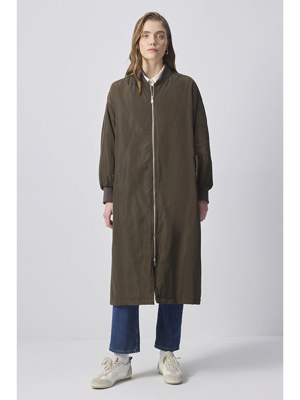 Haki Fermuarlı İnce Mont
