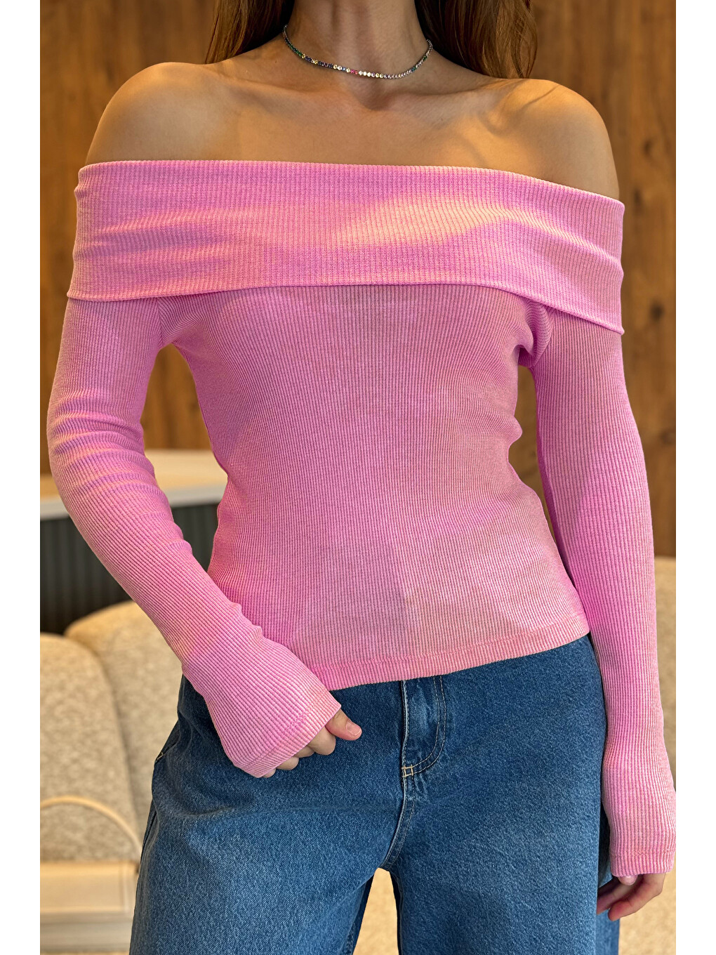 Pembe Kadın Madonna Yaka Kaşkorse Bluz-2
