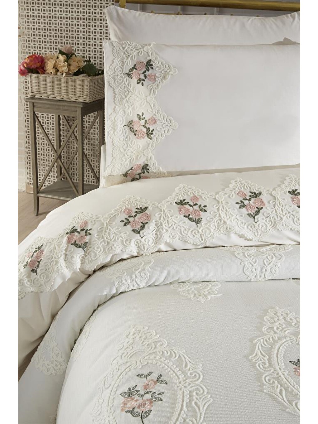 Ekru Gardenlove Nakışlı Şönil 7 Parça Gelin Seti Krem-4