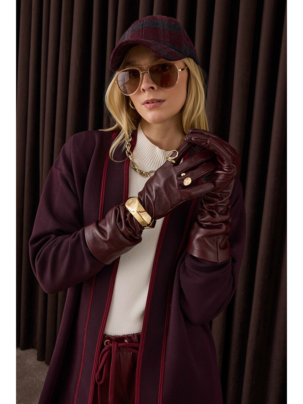 %100 Deri Uzun Eldiven Bordo-1