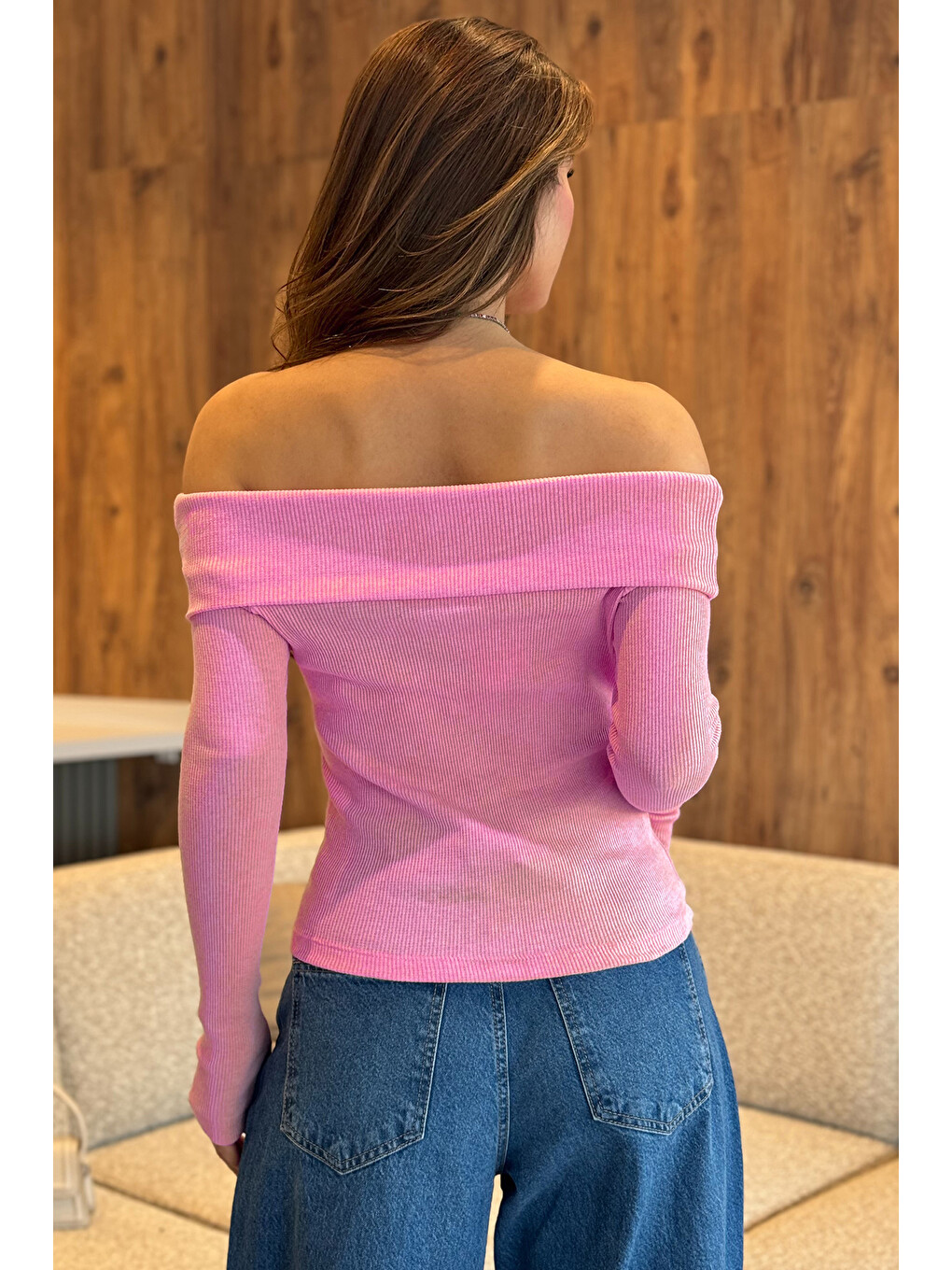 Pembe Kadın Madonna Yaka Kaşkorse Bluz-3