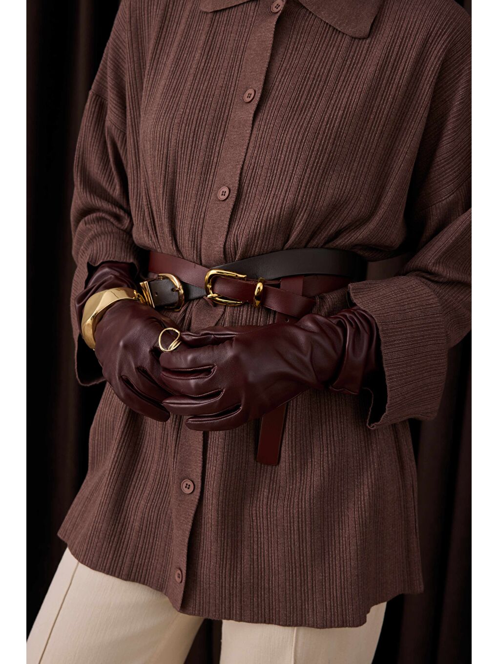 %100 Deri Uzun Eldiven Bordo-2