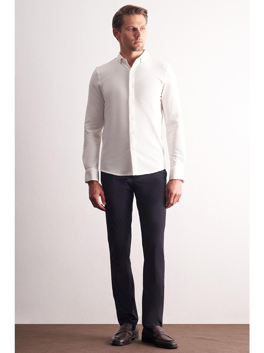 Ekru Uzun Kol Düğmeli Yaka  Pamuklu Slim Fit Gömlek 1004255267-1