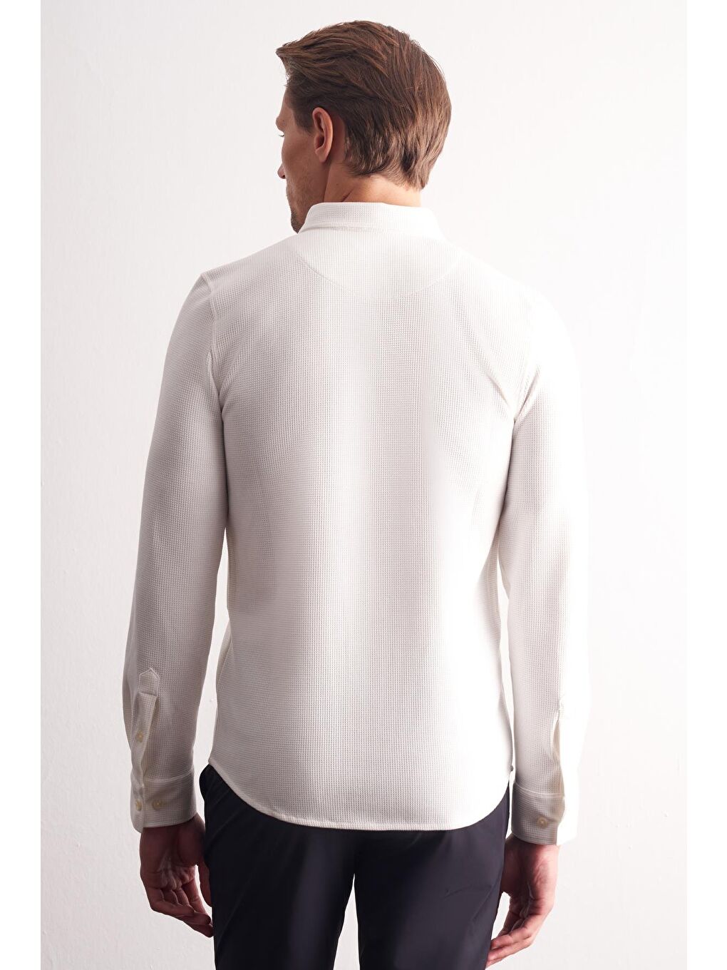 Ekru Uzun Kol Düğmeli Yaka  Pamuklu Slim Fit Gömlek 1004255267-4