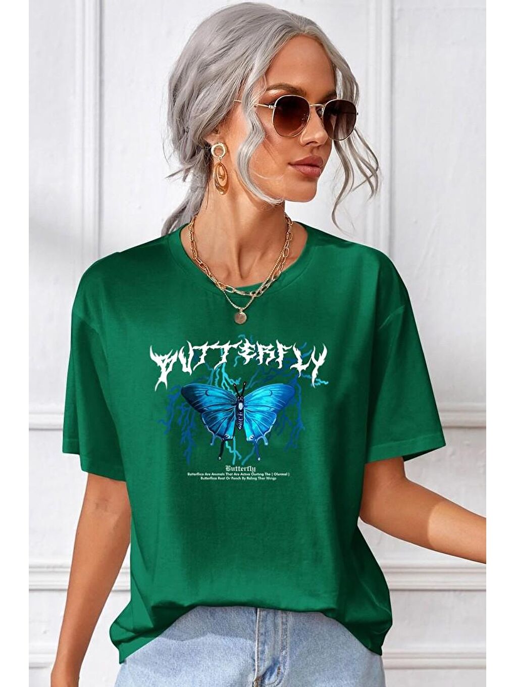 uyguntarz Yeşil Blue Butterfly Baskılı T-shirt