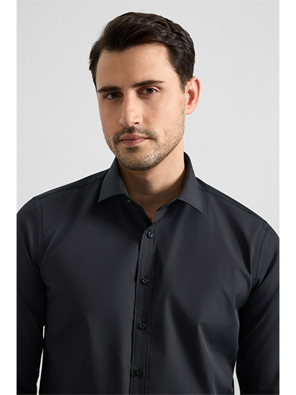 Siyah Slim Klasik Yaka Düz Klasik Gömlek-1