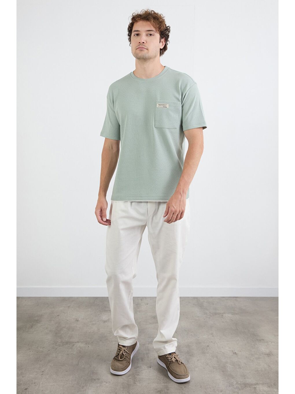 Turkuaz Cepli Bisiklet Yaka Tişört-1