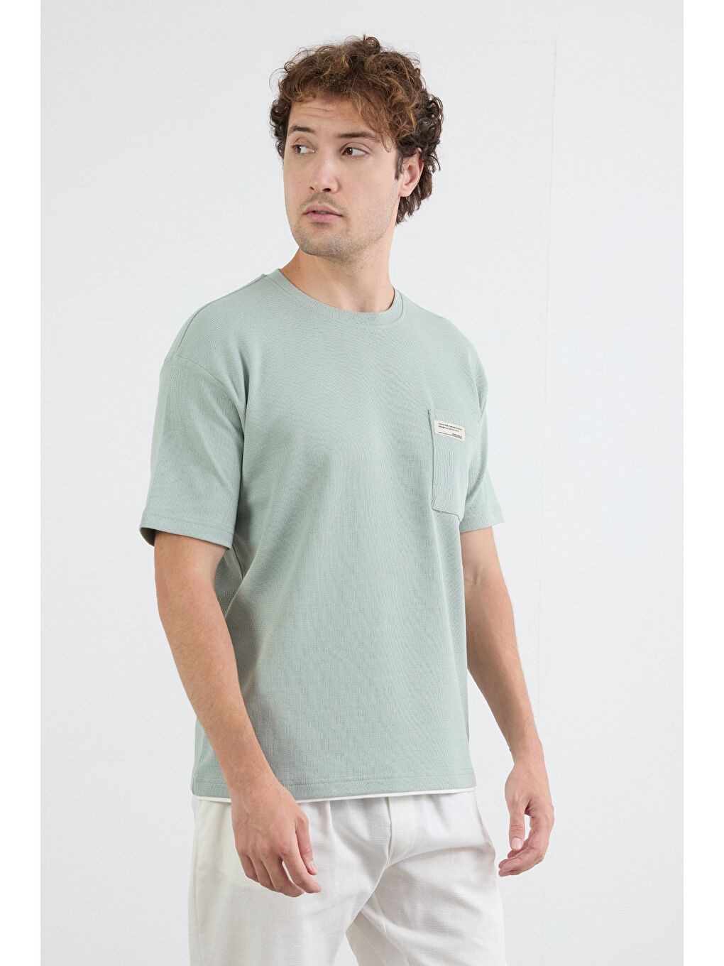 Turkuaz Cepli Bisiklet Yaka Tişört-2