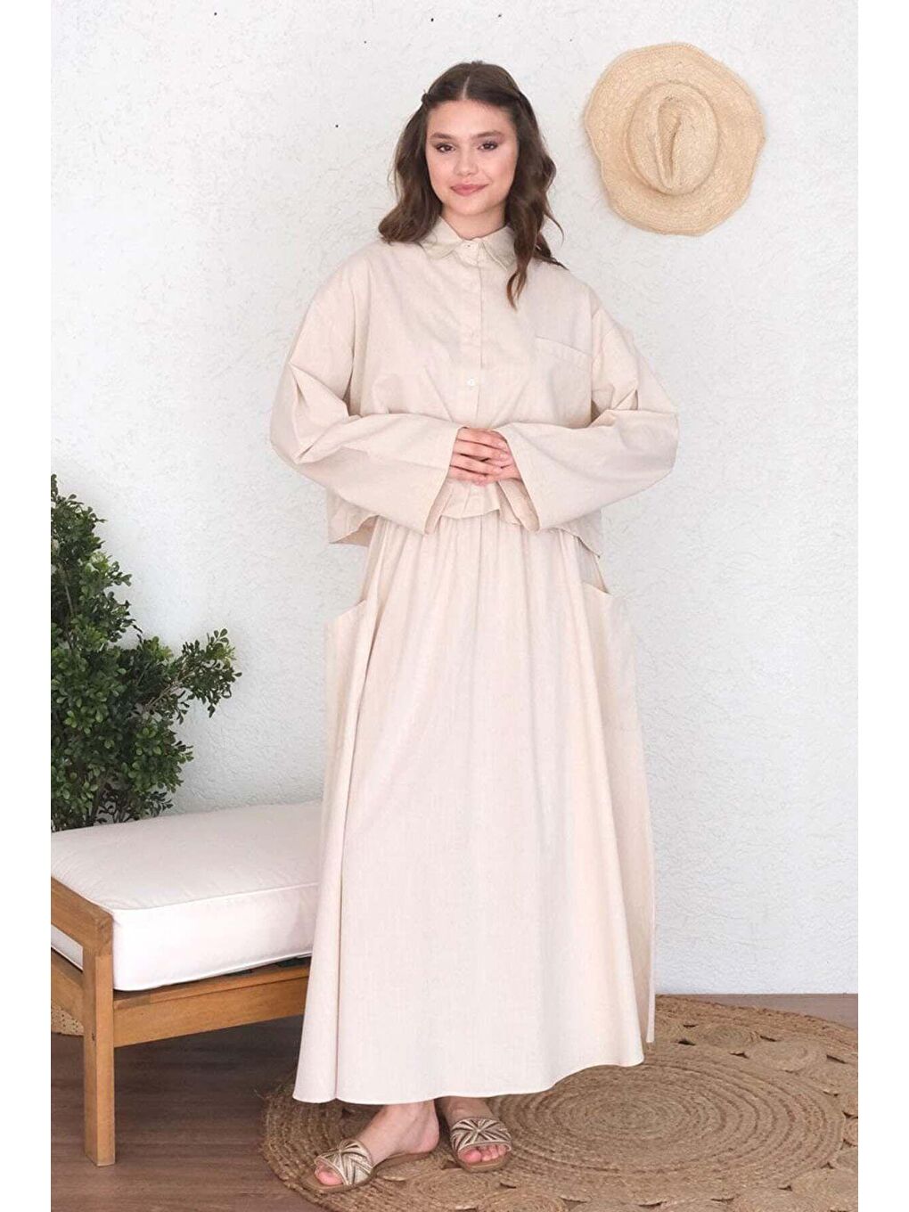 Ekru Krem Organik Keten Cepli Etek-1