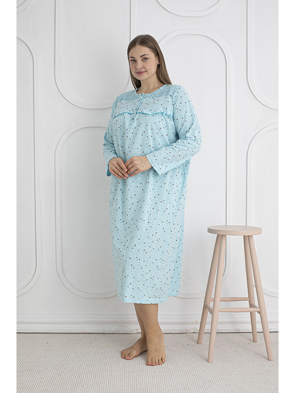 Yeşil %100 Pamuklu Mevsimlik Kumaş Uzun Kol Büyük Beden Anne Geceliği 1525-1