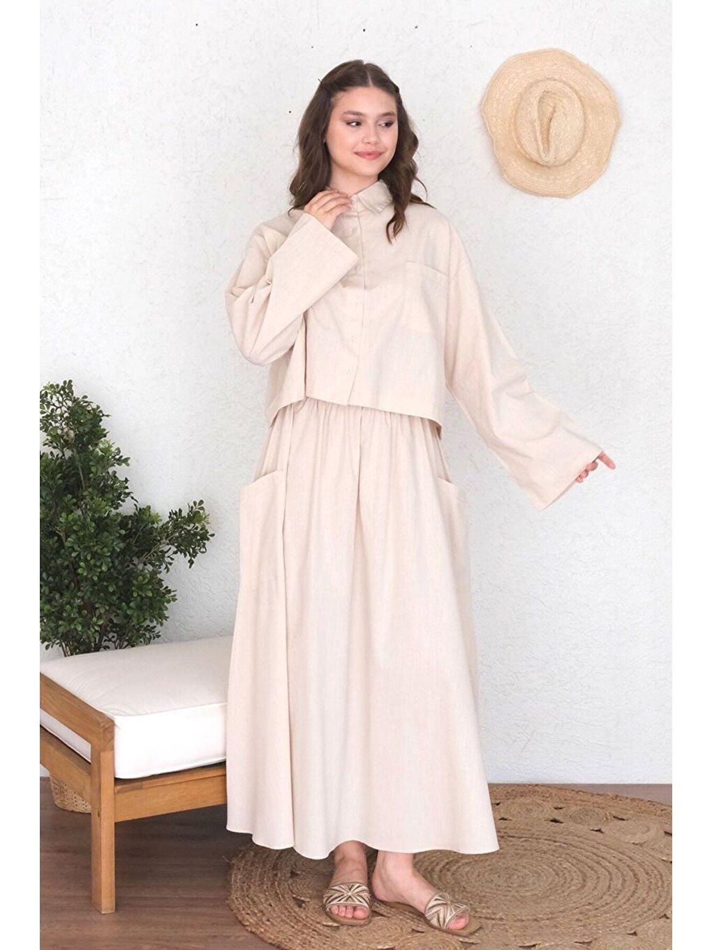 Ekru Krem Organik Keten Cepli Etek-2