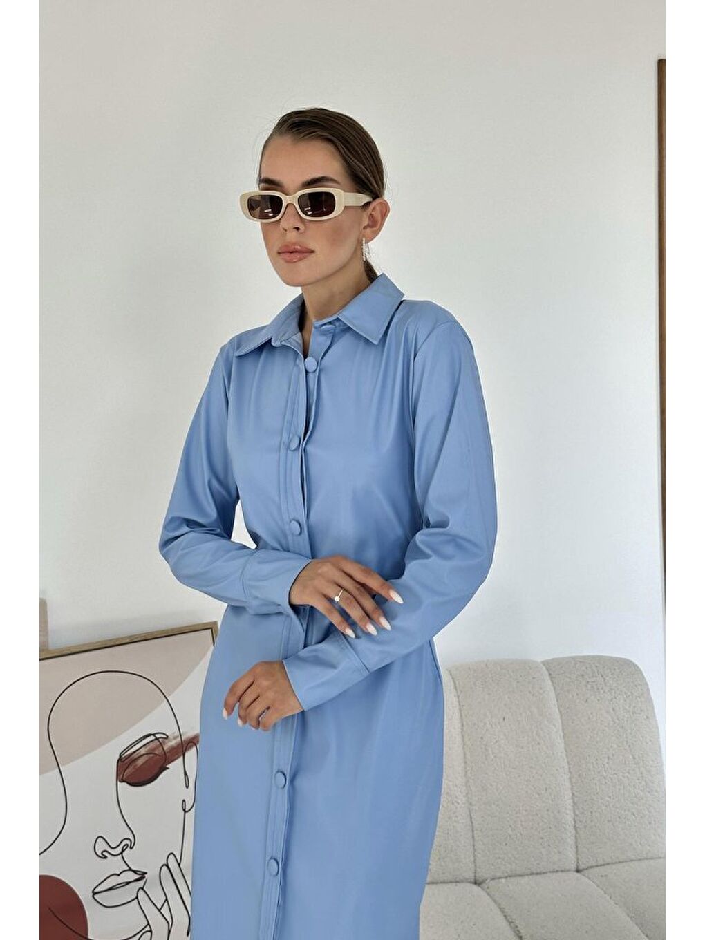 Mavi Boydan Düğmeli Deri Elbise-1