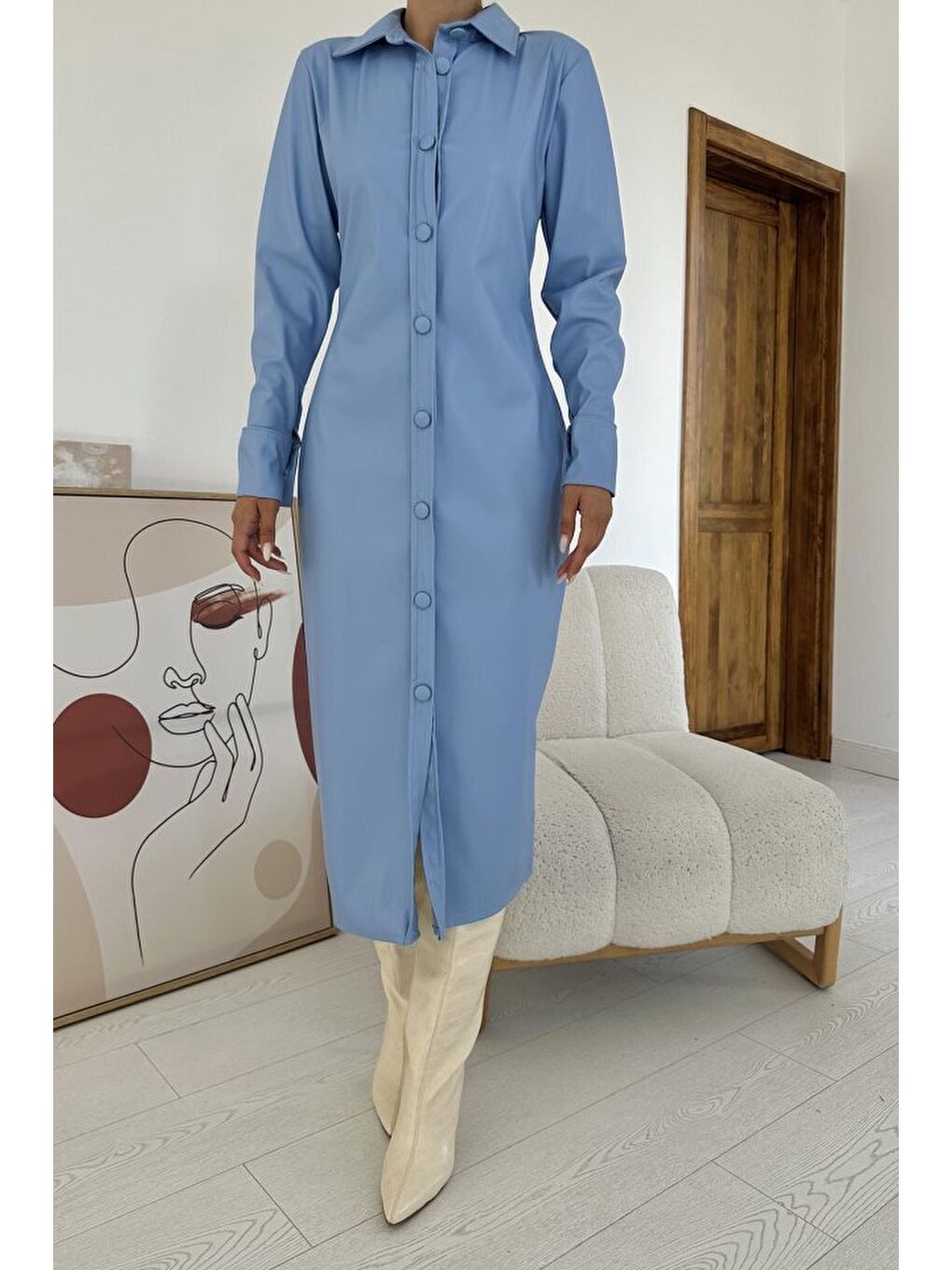 Mavi Boydan Düğmeli Deri Elbise-3