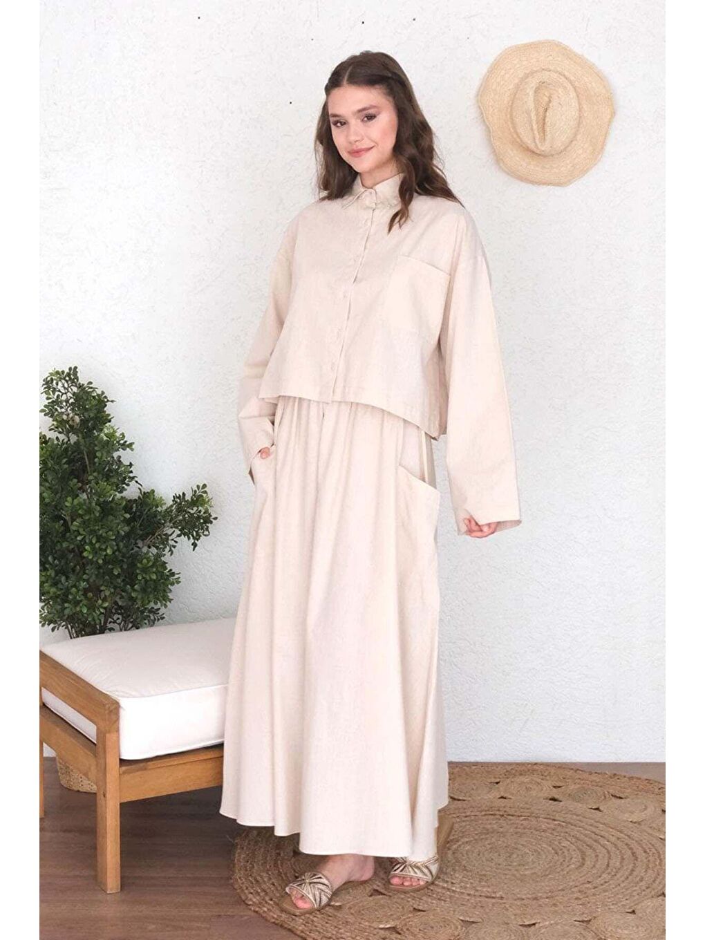 Ekru Krem Organik Keten Cepli Etek-3