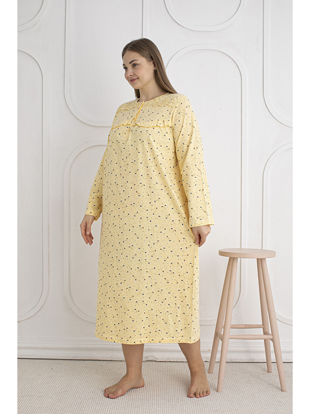 Sarı %100 Pamuklu Mevsimlik Kumaş Uzun Kol Büyük Beden Anne Geceliği 1525-1