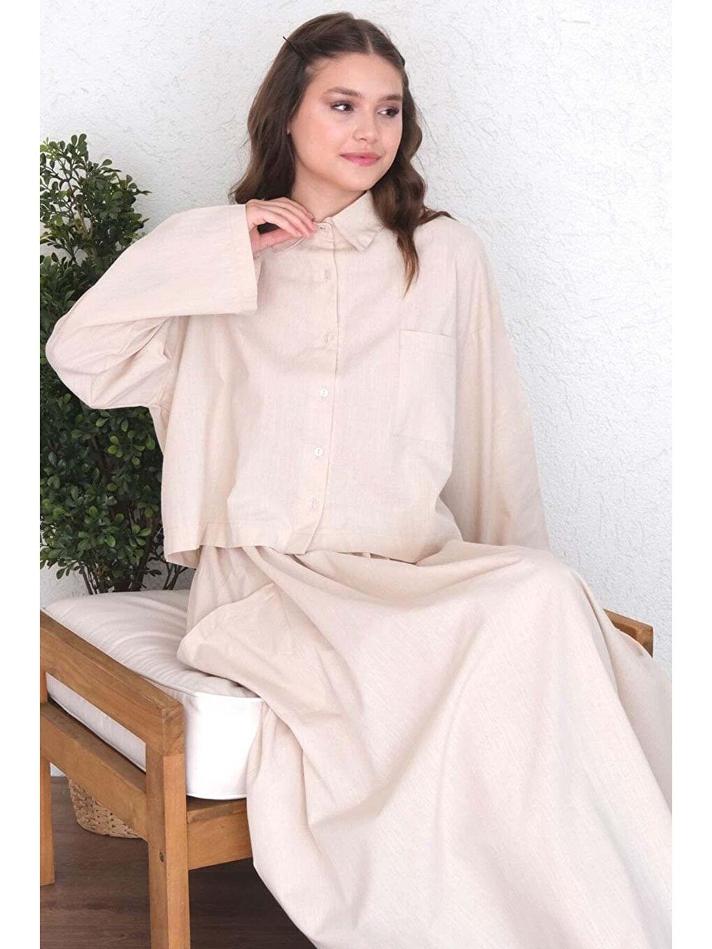 Ekru Krem Organik Keten Cepli Etek-4