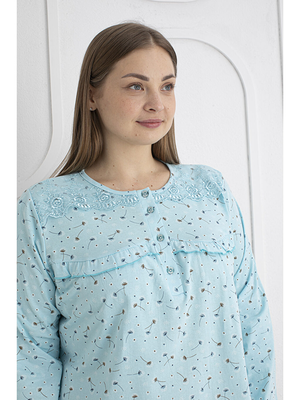 Yeşil %100 Pamuklu Mevsimlik Kumaş Uzun Kol Büyük Beden Anne Geceliği 1525-3