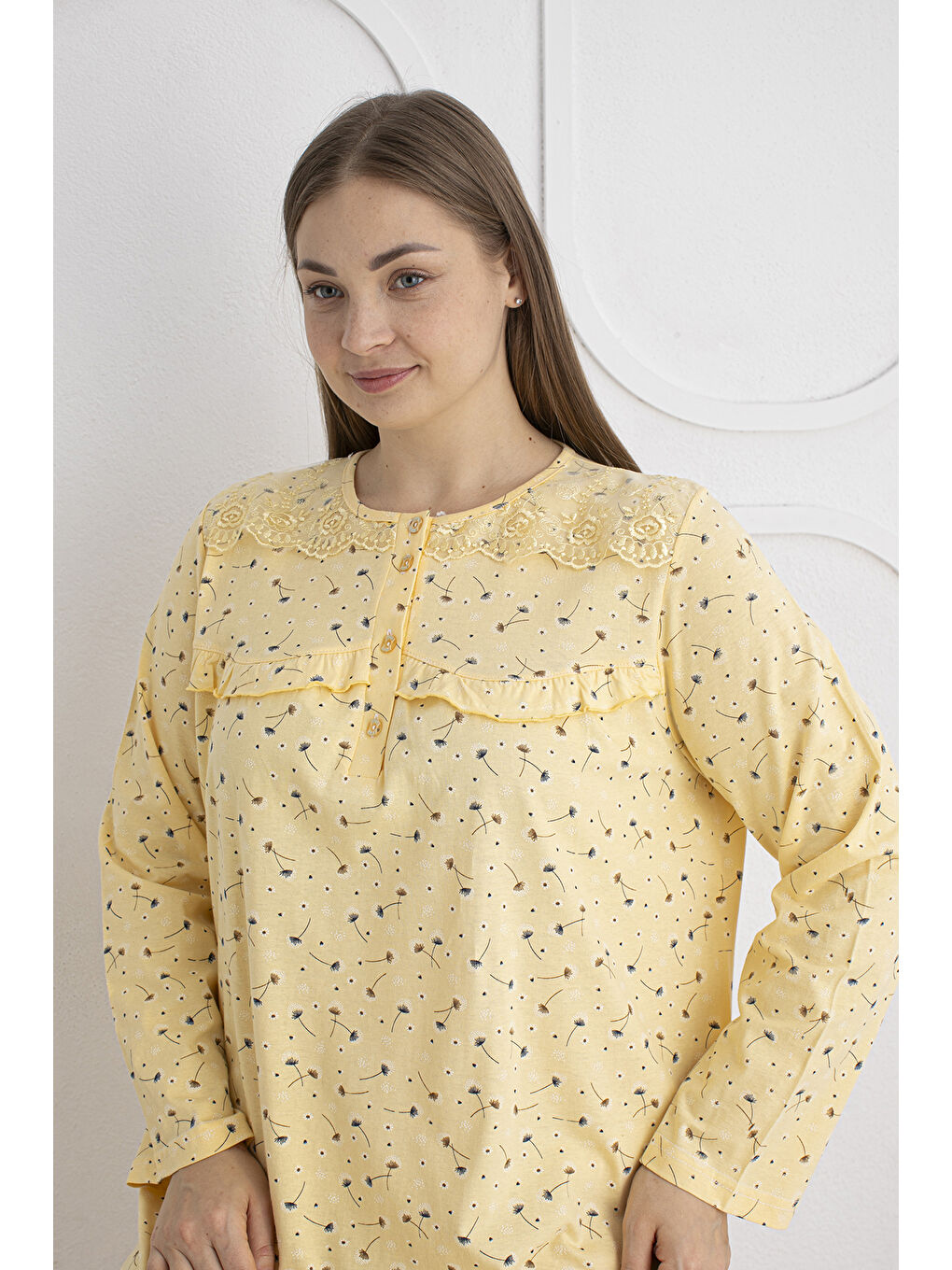 Sarı %100 Pamuklu Mevsimlik Kumaş Uzun Kol Büyük Beden Anne Geceliği 1525-3