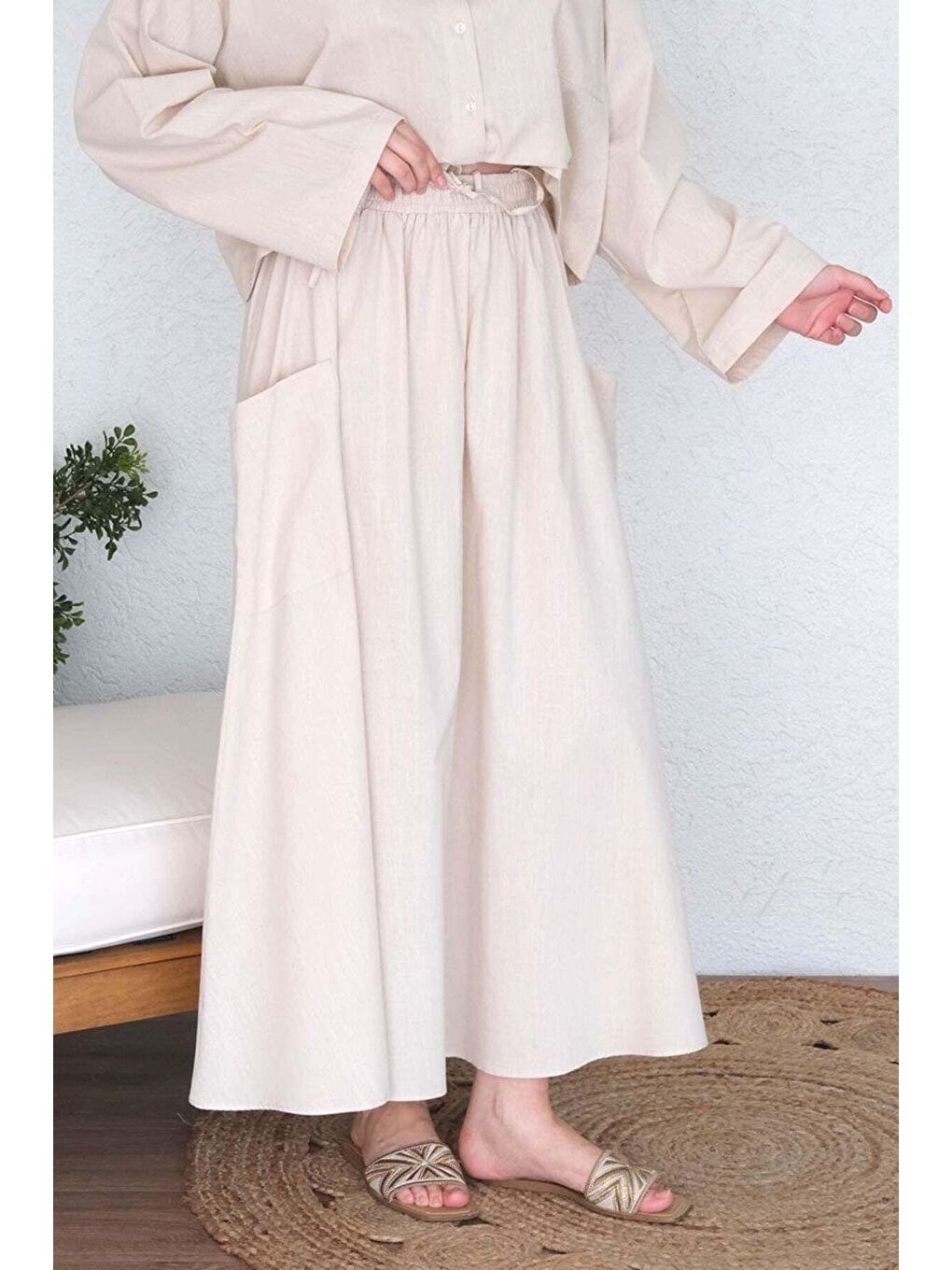 Ekru Krem Organik Keten Cepli Etek-6