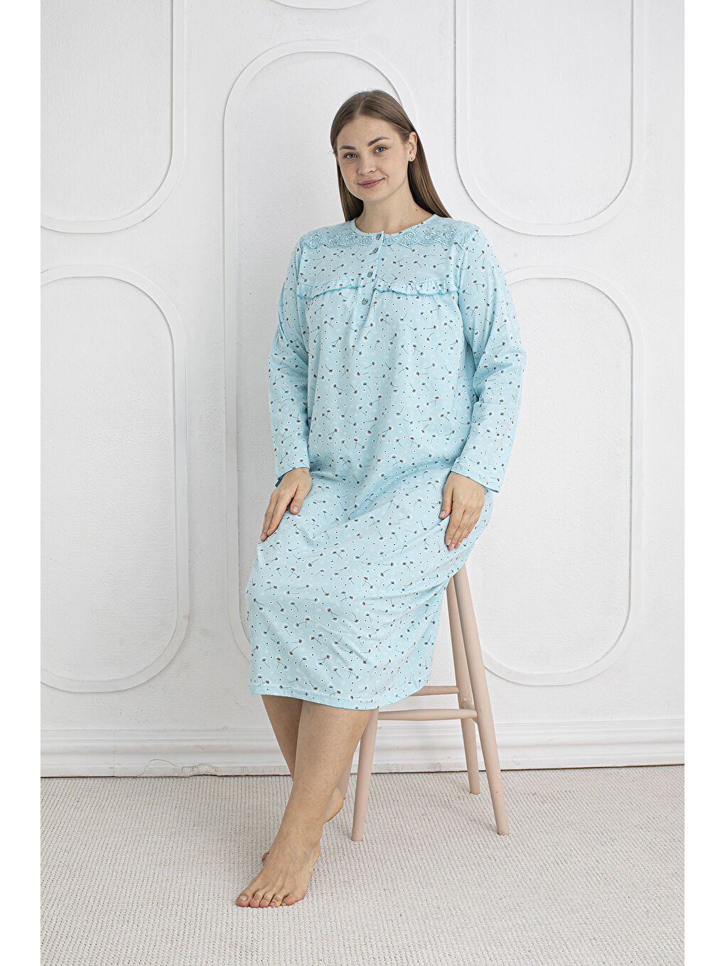 Yeşil %100 Pamuklu Mevsimlik Kumaş Uzun Kol Büyük Beden Anne Geceliği 1525-4