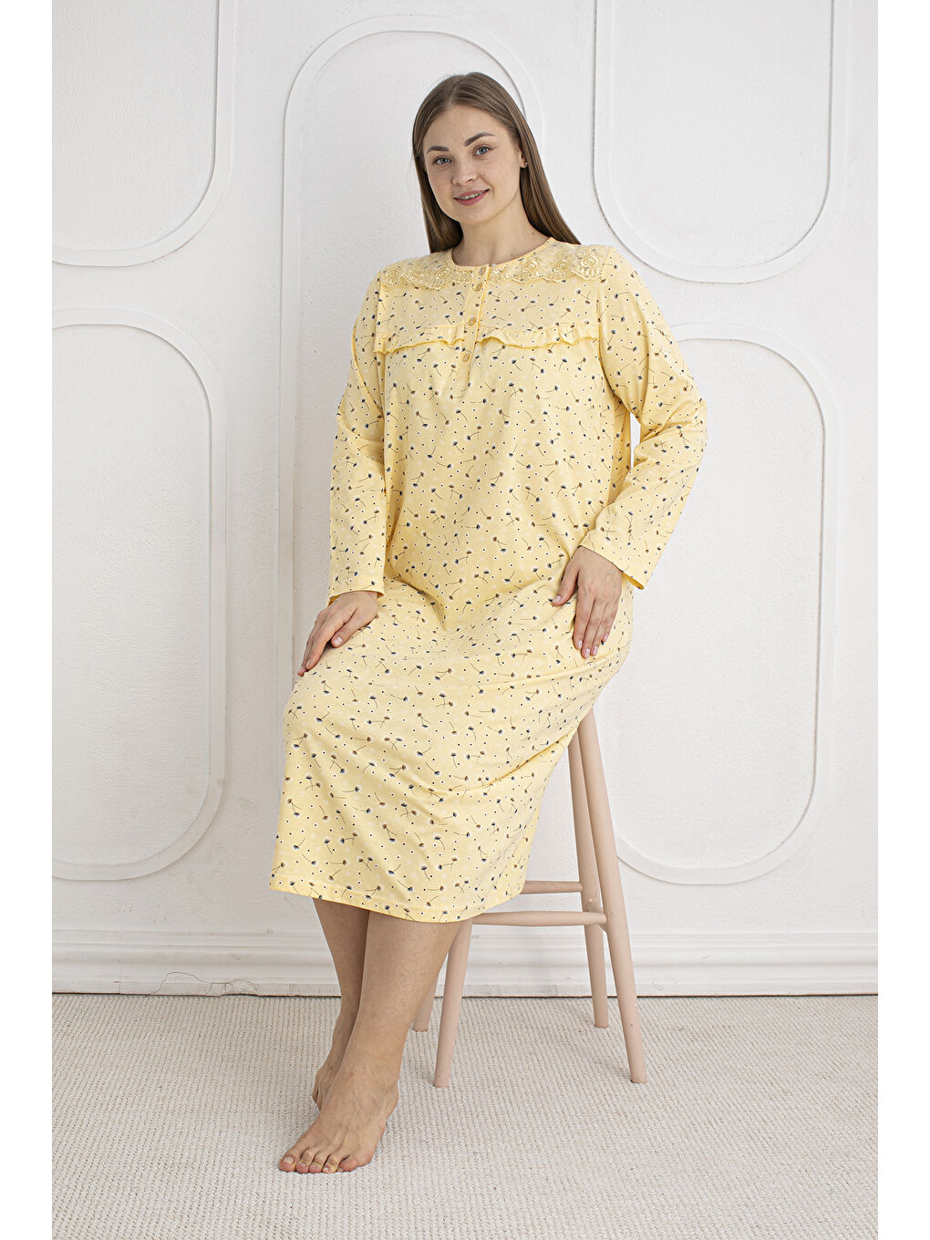 Sarı %100 Pamuklu Mevsimlik Kumaş Uzun Kol Büyük Beden Anne Geceliği 1525-4