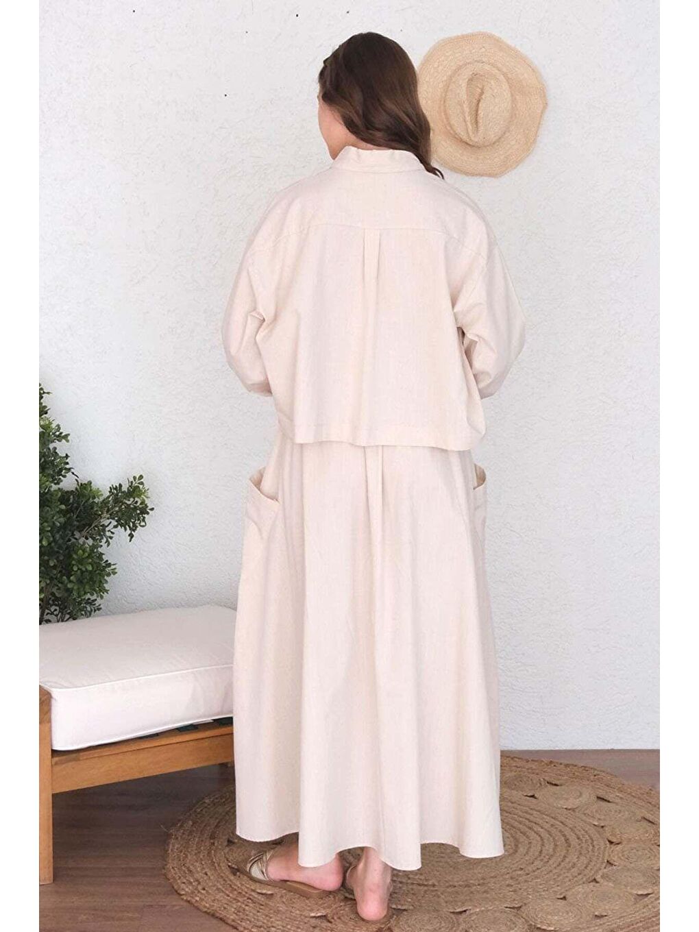 Ekru Krem Organik Keten Cepli Etek-7