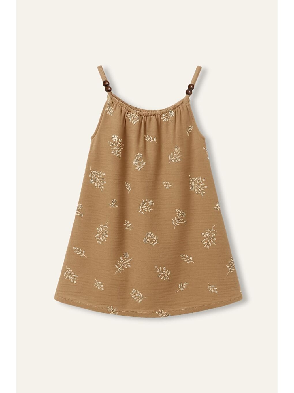 Kız Çocuk Nakış Detaylı Askılı Elbise - Bej-2