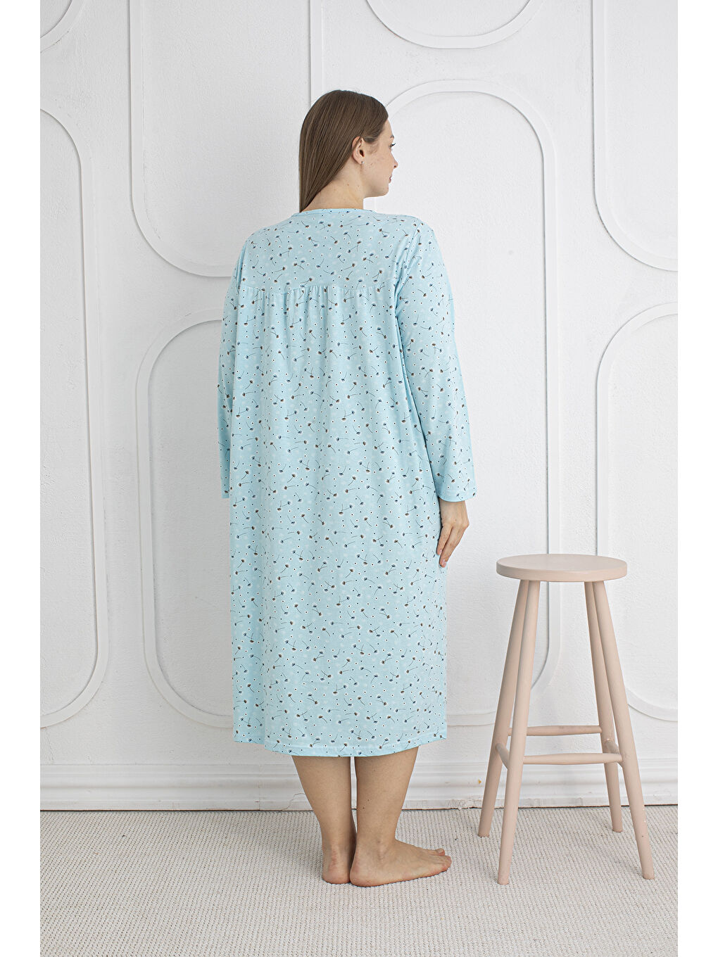 Yeşil %100 Pamuklu Mevsimlik Kumaş Uzun Kol Büyük Beden Anne Geceliği 1525-5