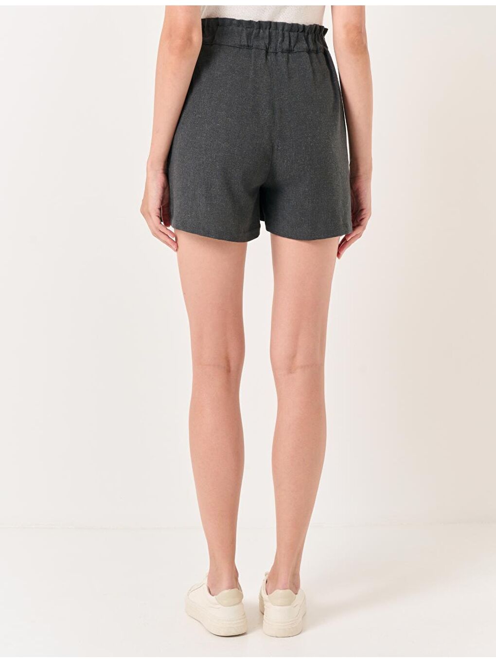 Antrasit Bol Kesim Yüksek Bel Düz Keten Şort-5