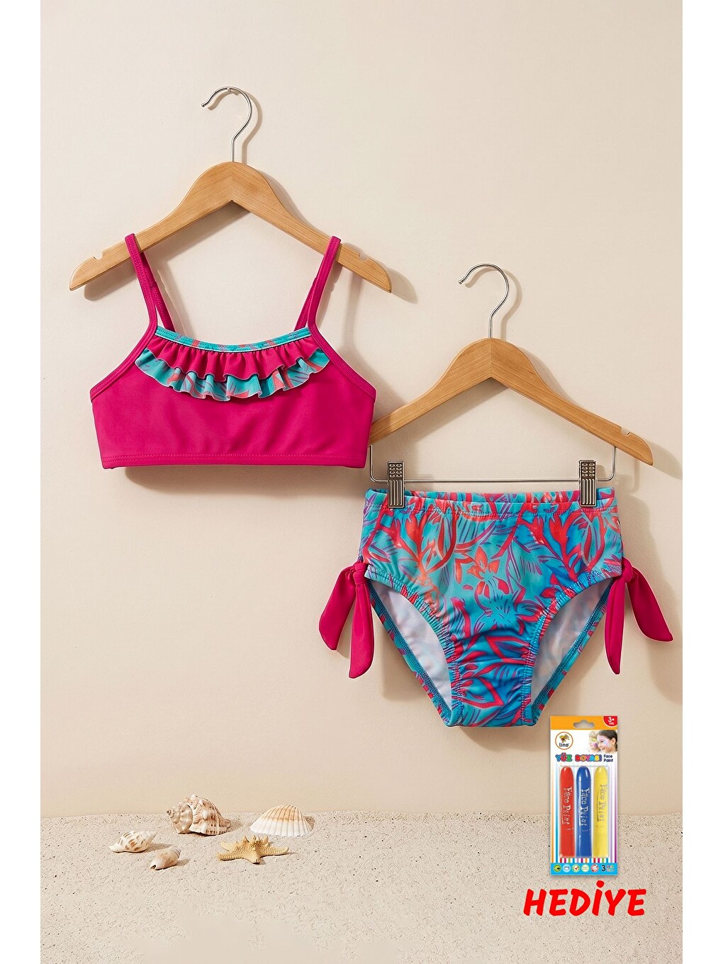 Fuşya Kız Çocuk Renkli Tropik Desen Bikini Takımı
