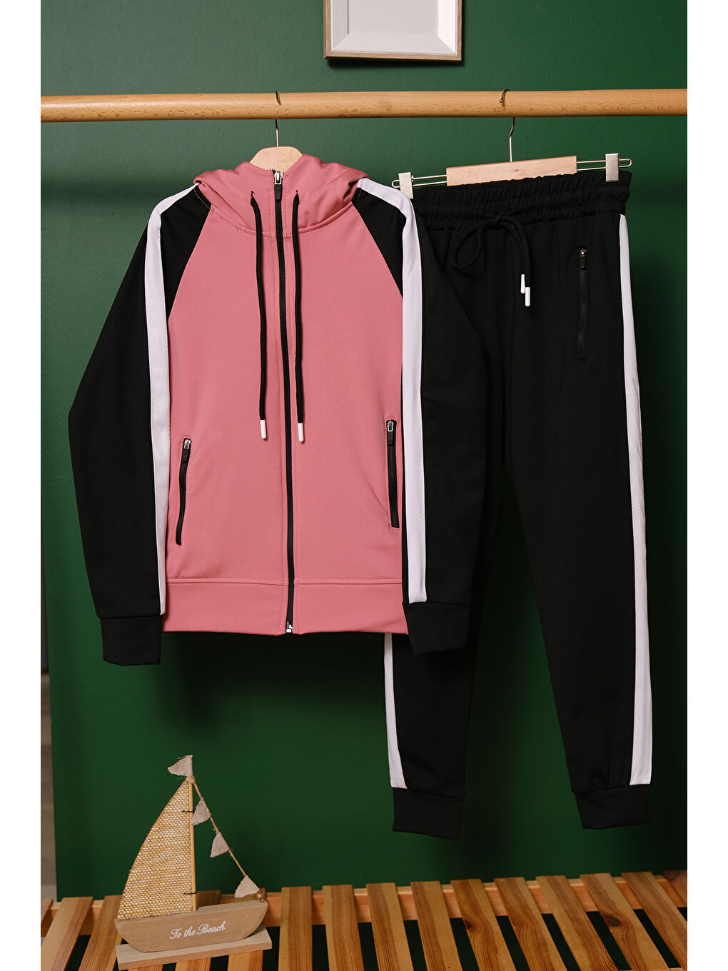 Pembe Unisex Şerit Detaylı Kapüşonlu Çocuk Eşofman Takımı-7