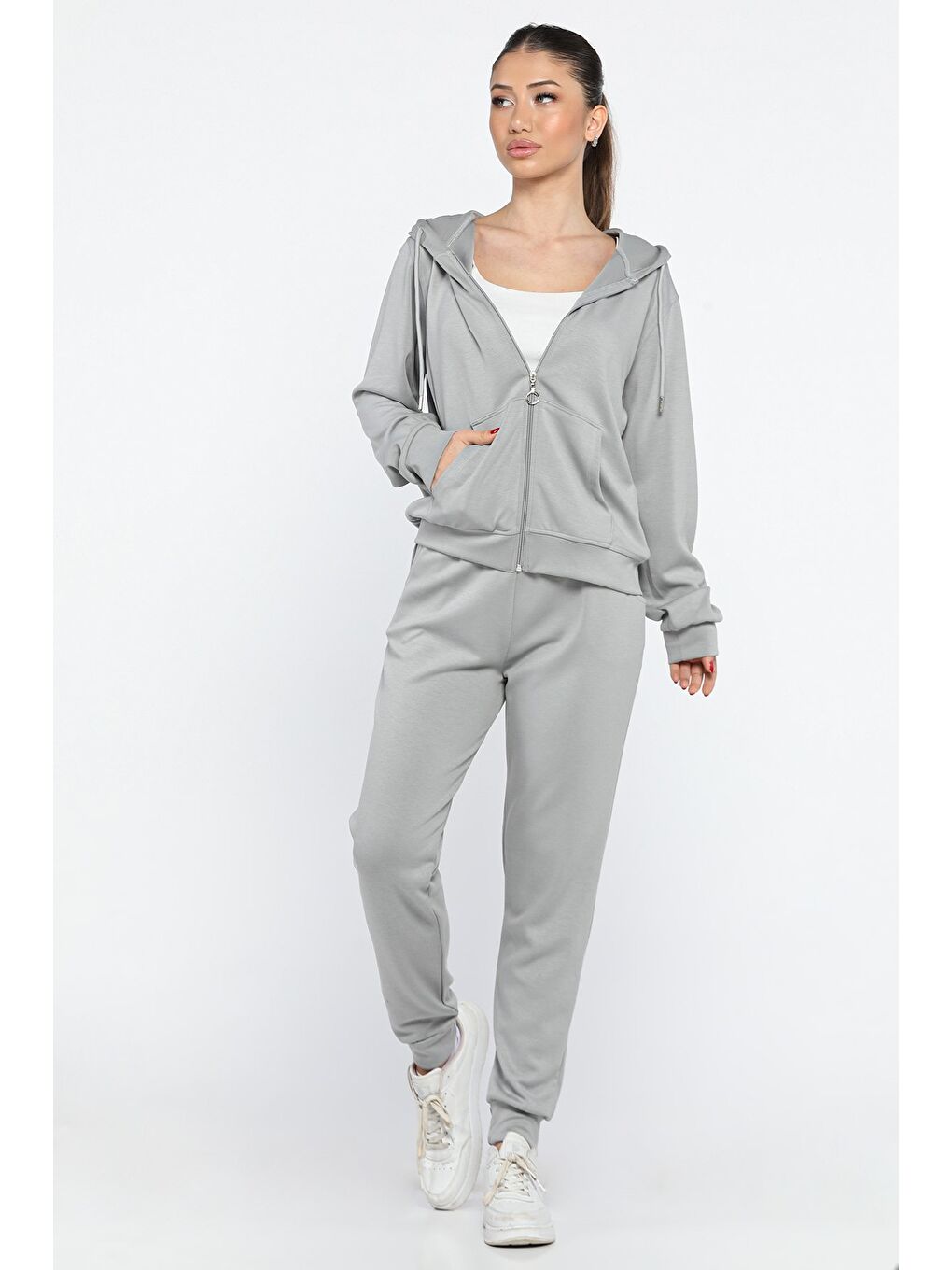 Gri Kadın Cepli Fermuarlı Sweat Pantolon Eşofman Takımı-1