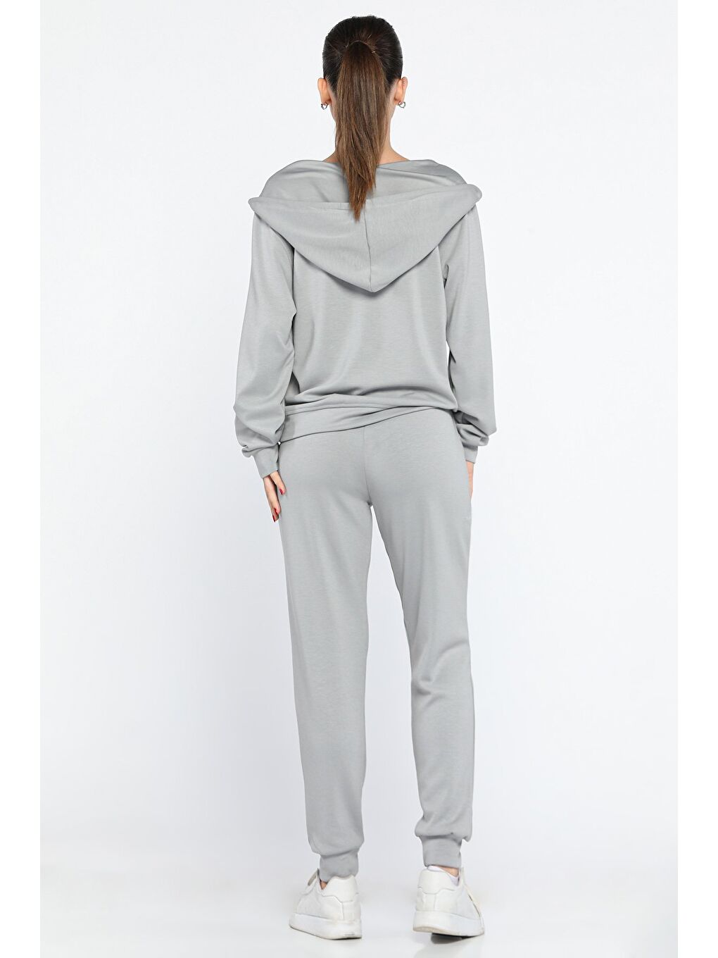 Gri Kadın Cepli Fermuarlı Sweat Pantolon Eşofman Takımı-2