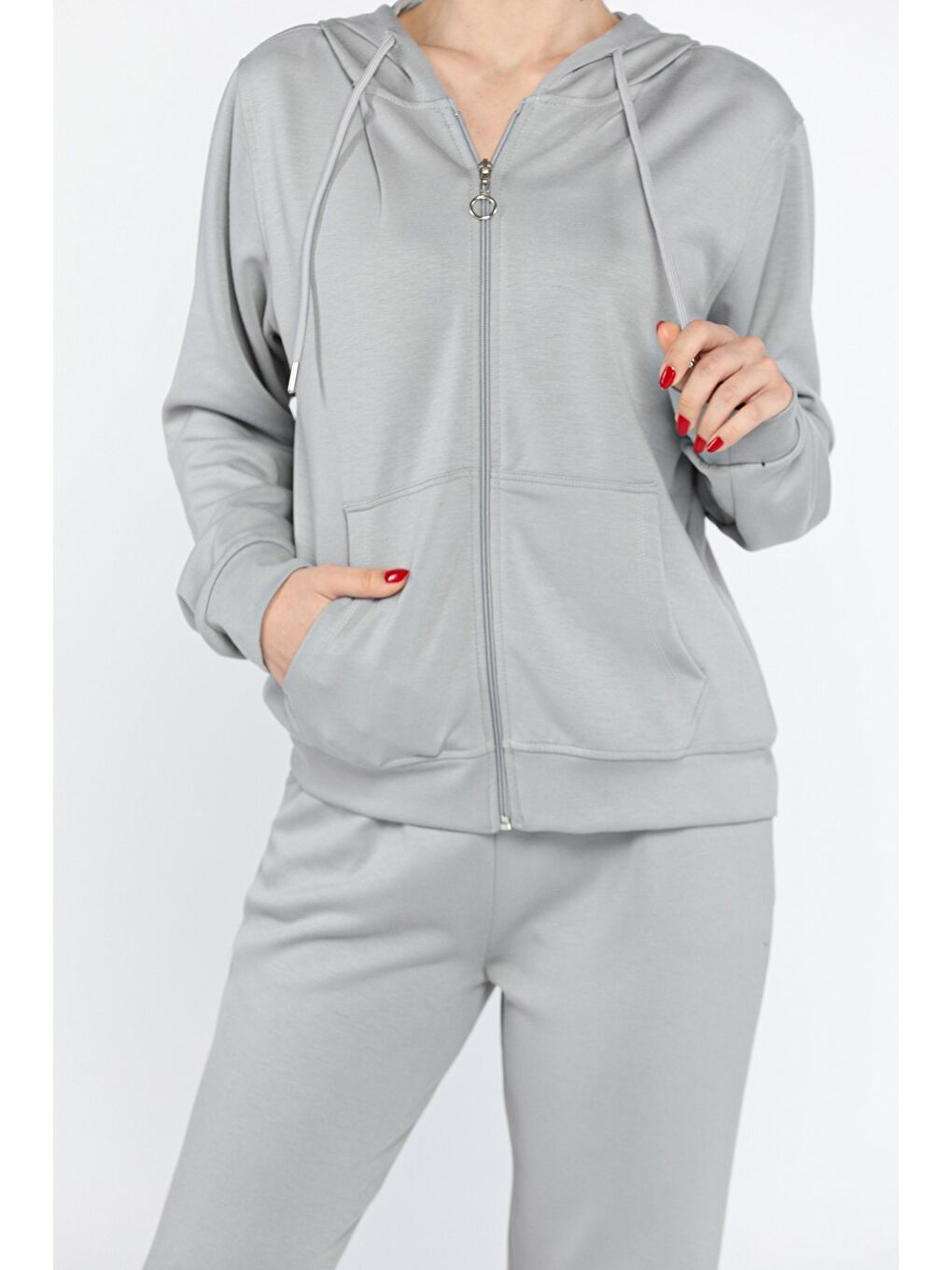 Gri Kadın Cepli Fermuarlı Sweat Pantolon Eşofman Takımı-3